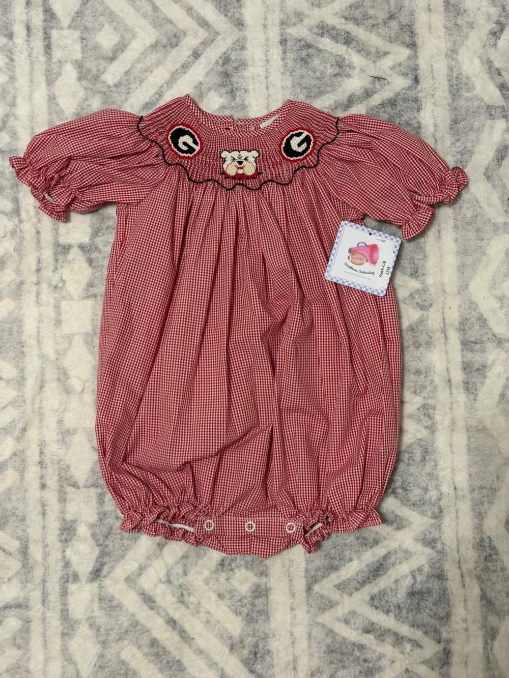 Red Gingham Smocked Bulldog Baby One-Piece